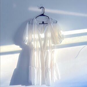 White Puff Sleeve Tiered Midi Dress